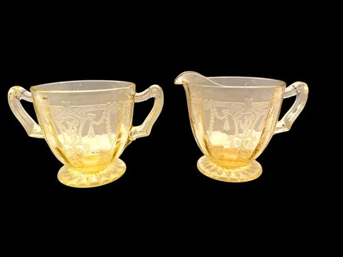 Vintage Anchor Hocking Cameo "Ballerina" Yellow Depression Glass Creamer & Sugar