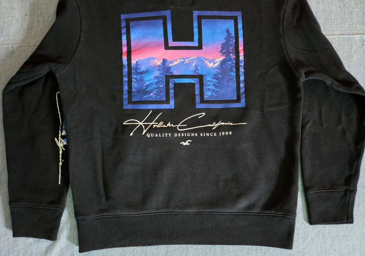 Vintage Y2K Hollister California Men's Large Black Graphic Hoodie