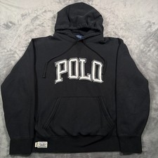 Vintage Polo Ralph Lauren Hoodie Mens Large Black Double Knit Spellout Pony Logo