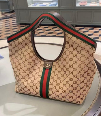 Gucci GG Canvas Tote Beige Brown Web Stripe Top Handle Gold Hardware Logo