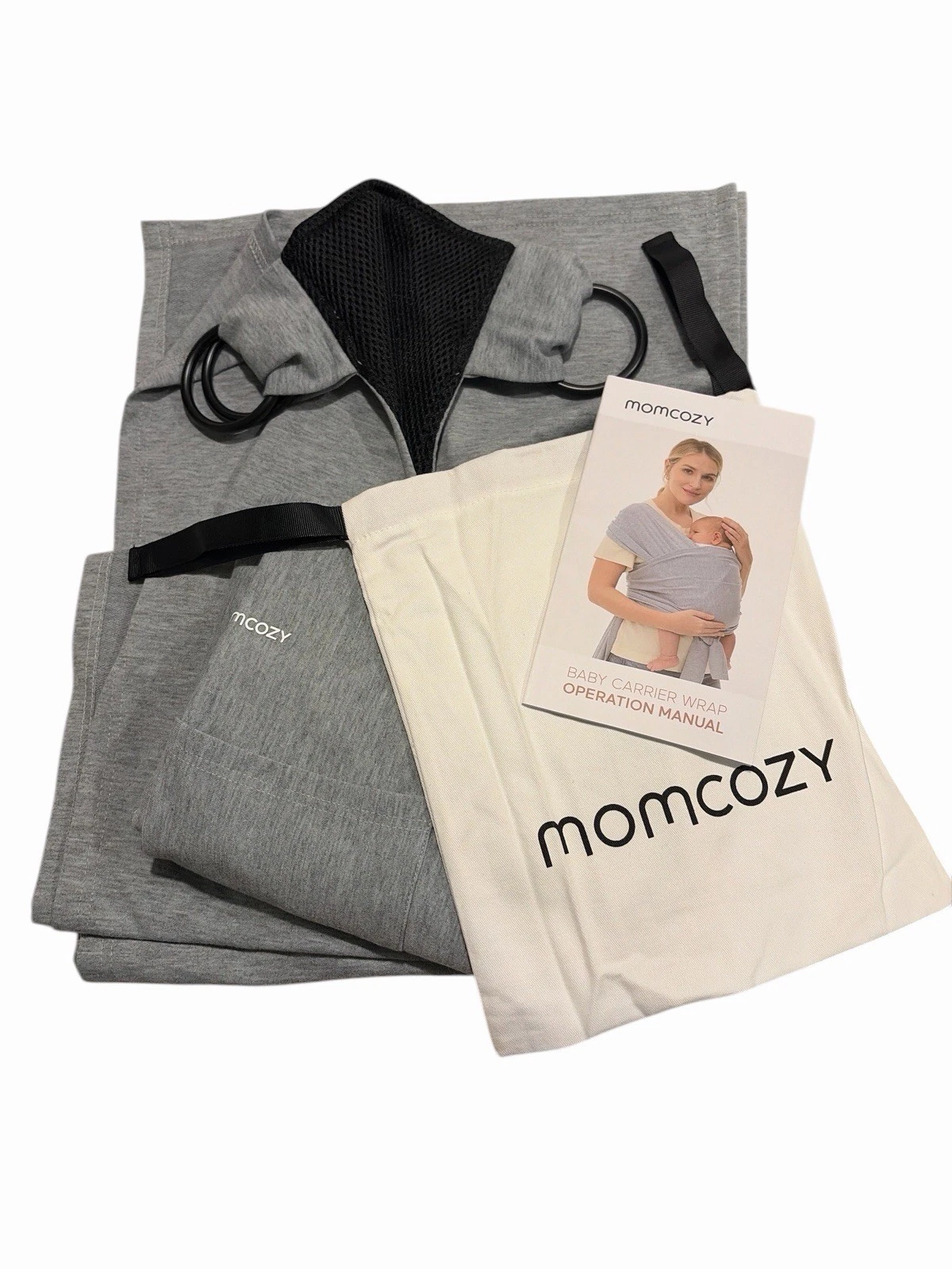 New! Momcozy Baby Wrap Carrier Skin-Friendly Fabric Easy to Wear 7-35 lbs Gray