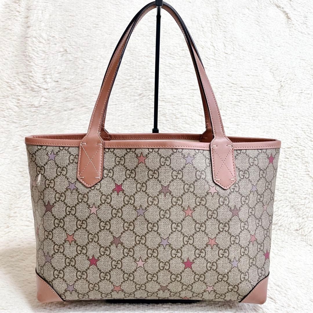 GUCCI GG Supreme Star Tote Bag Pink Brown PVC Leather Authentic AB B thumbnail 3