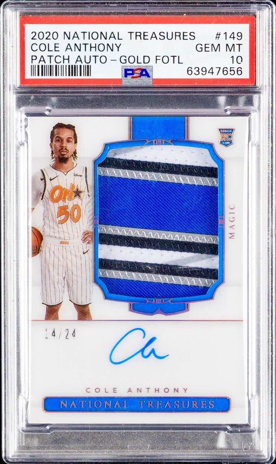 2020 Cole Anthony National Treasures Gold FOTL Rookie Patch Auto RPA /24 PSA 10