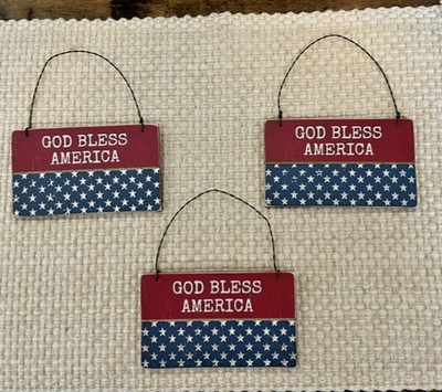 Lot of 3 God Bless America Wood ornaments, 5'' x 3'', Patriotic 4th July PBK NWT
