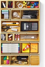 12-Piece Bamboo Desk Drawer Organizer Set - Adjustable Storage Boxes with 24 Com