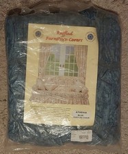 Vintage 80s 90s Arm Chair Furniture Cover Ruffled Frilly Blue Pattern Home Retro