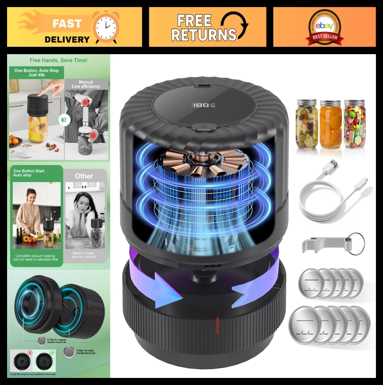 Electric Mason Jar Vacuum Sealer - Cordless Handheld Food Storage, Ideal Gift fo