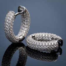 Small Round Fully Iced Cz White Gold Plated Sterling Silver Post Hoop Earrings