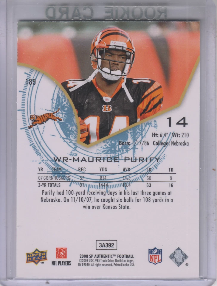 A9670- 2008 SP Authentic #189 Maurice Purify RC /999 SAMPLE - Image 2 of 2