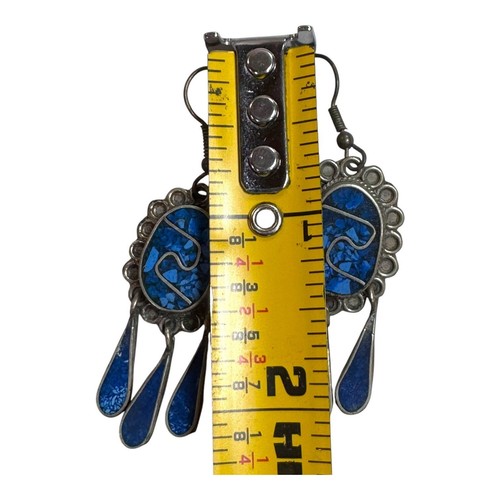 Vintage Alpaca Mexico Silver Inlay Drop Dangle Earrings Southwest Blue Stone - 第 3/7 張圖片