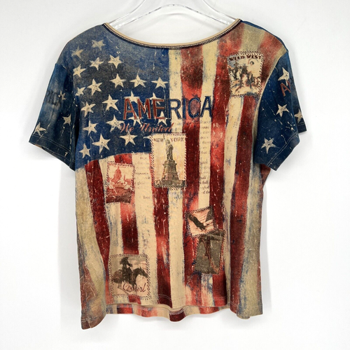 Vtg Cactus Womens M Y2K 90s America Flag Embellished Beaded Western Country - Picture 2 of 6