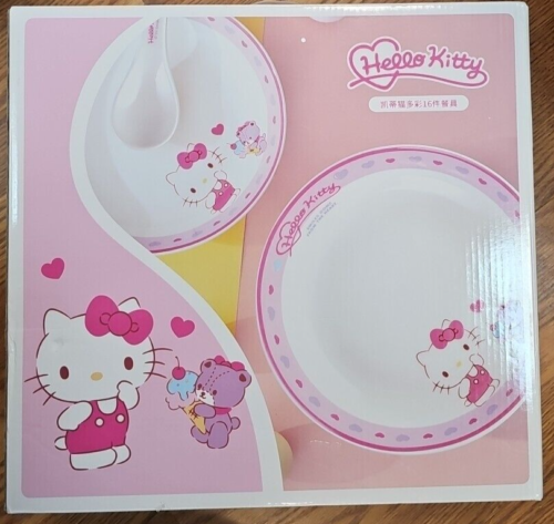 (Neuf) Ensemble de vaisselle Sanrio Hello Kitty 16 pièces sous licence officielle - Photo 1/6