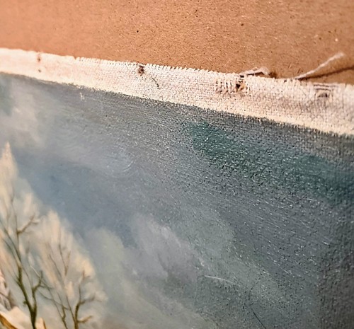 Vintage Painting Acrylic Rolled Canvas 31 X 19 Winter Snow Landscape Signed Date - Picture 11 of 18