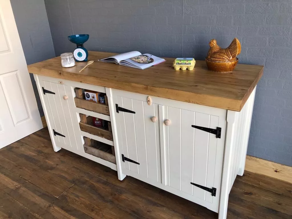 Long Rustic Solid Pine Freestanding Kitchen Unit Cupboards And Trays Shabby Chic