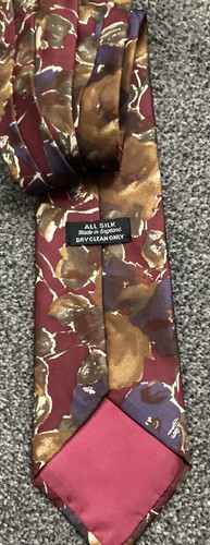 Corbata vintage para hombre toda seda borgoña multicolor con estampado floral hecha en Inglaterra - Imagen 2 de 3