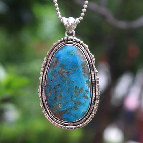 Huge Navajo Sterling Kingman Turquoise Pendant Necklace 3" Handmade Jewelry Gift