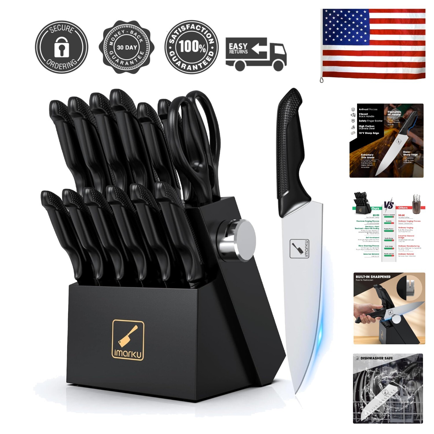 Knife Set with Block, Sharp Knife Set with Built-in Sharpener, Stainless Stee...-image