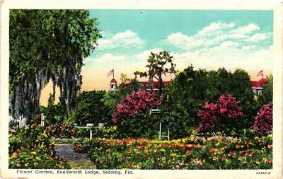Vintage Postcard- Flower Gardens, Kenilworth Lodge, Sebring, FL. Early 1900s