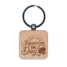 Seize Squeeze the Day Lemonade Pun Engraved Wood Square Keychain Tag Charm