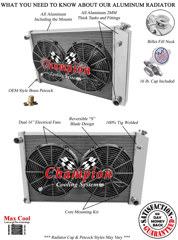 Radiador 3 filas KR Champion 19"x28",2 ventiladores 14"-1973-1991 GMC Jimmy (transmisión manual) Foto 3 de 4