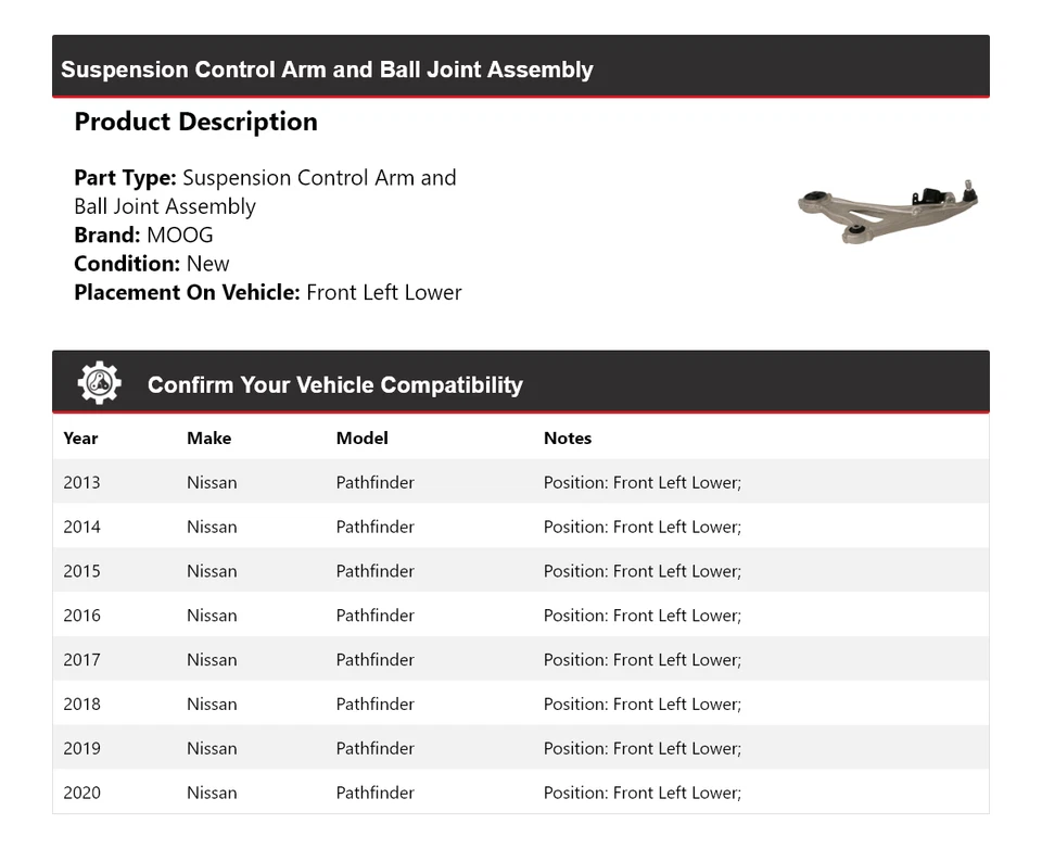 Brazo de control delantero izquierdo inferior MOOG 2013-2020 Nissan Pathfinder 2013 2014 2015 Foto 2 de 4