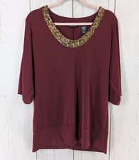 New York Company Size Large Womens Burgundy Sequin Short Sleeve Blouse