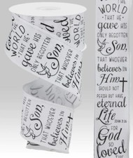 John 3:16 Religious Christian Scripture WHITE Canvas Wired 2.5" Ribbon by Yard