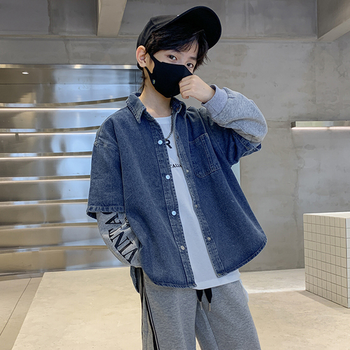 Cappotto camicia ragazzo finto due pezzi di denim cuciture nuovo primavera media bambino top - Foto 6 di 13