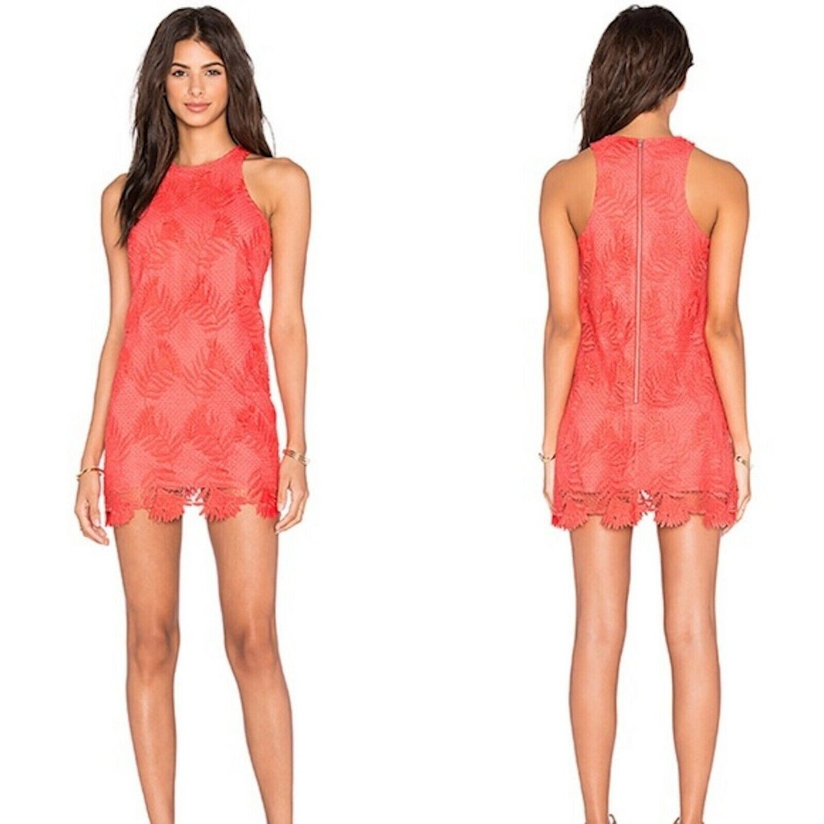 coral lace shift dress Orelisse | Coral Lace Square-Neck Mini Dress