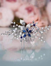 Aimimier Bridal Sapphire Crystal Hair Comb Pearl Blue Crystal Leaf Marquise 