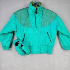 Kaelin 1980s Vintage Ski Jacket Women 8 Aqua Shoulder Pads Retro Mittens Outdoor