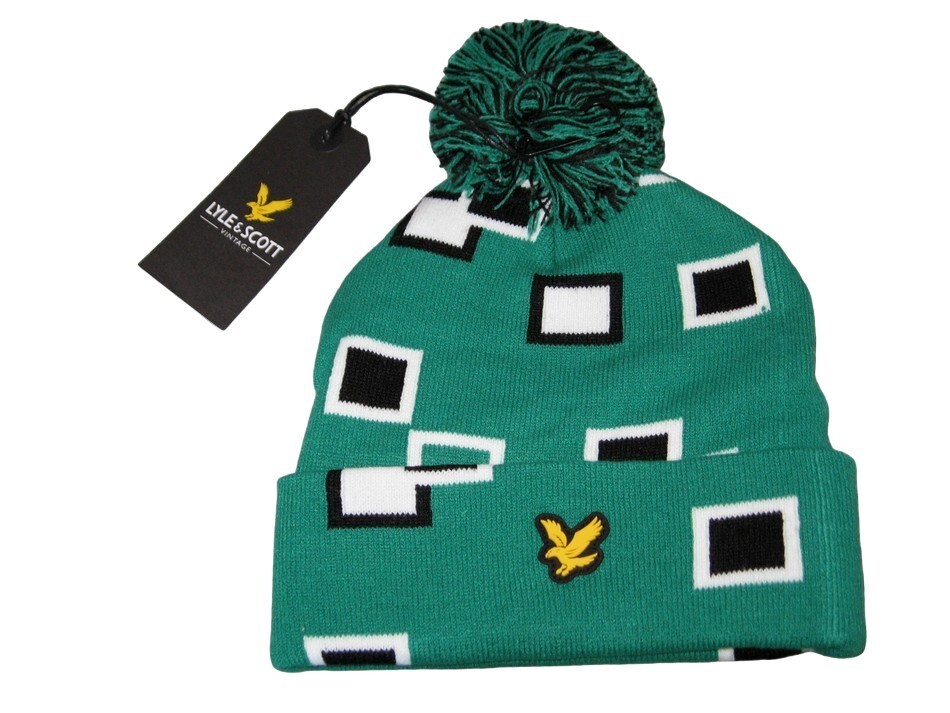 BNWT  LYLE & SCOTT Vintage Squares Pattern  Bobble Beanie Hat Smyth Green