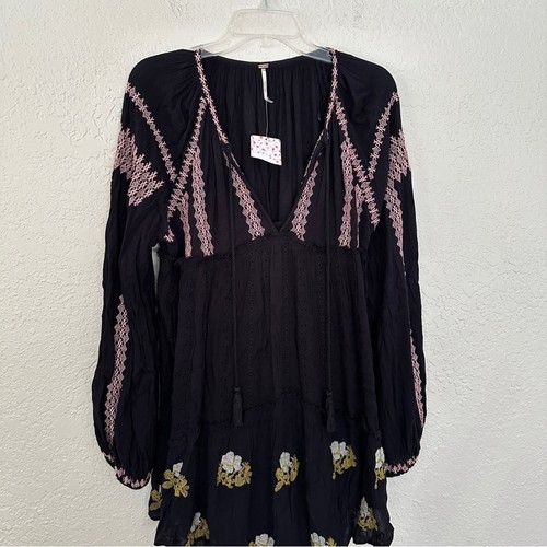 NWT Free People Wild Horse Embroidered Tassel Mini Dress Black Tunic XS - Picture 3 of 7