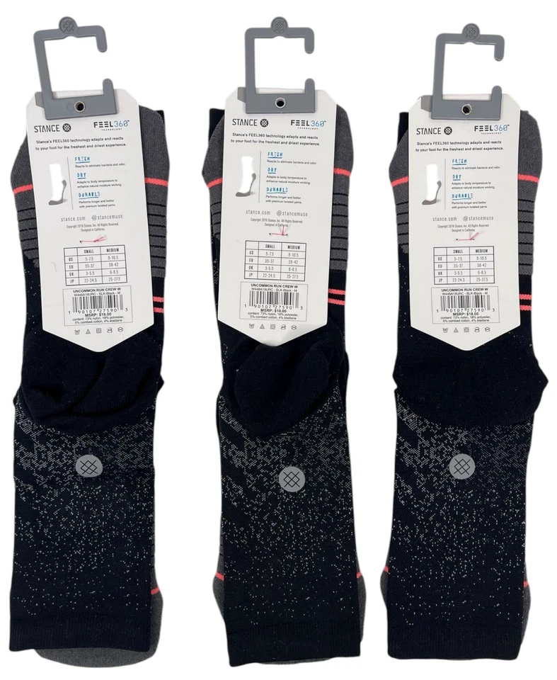 Calcetines para mujer Stance 3 pares negros Feel 360 Run Crew - talla M 8-10,5 - precio de venta sugerido por el fabricante 54 USD Foto 3 de 4