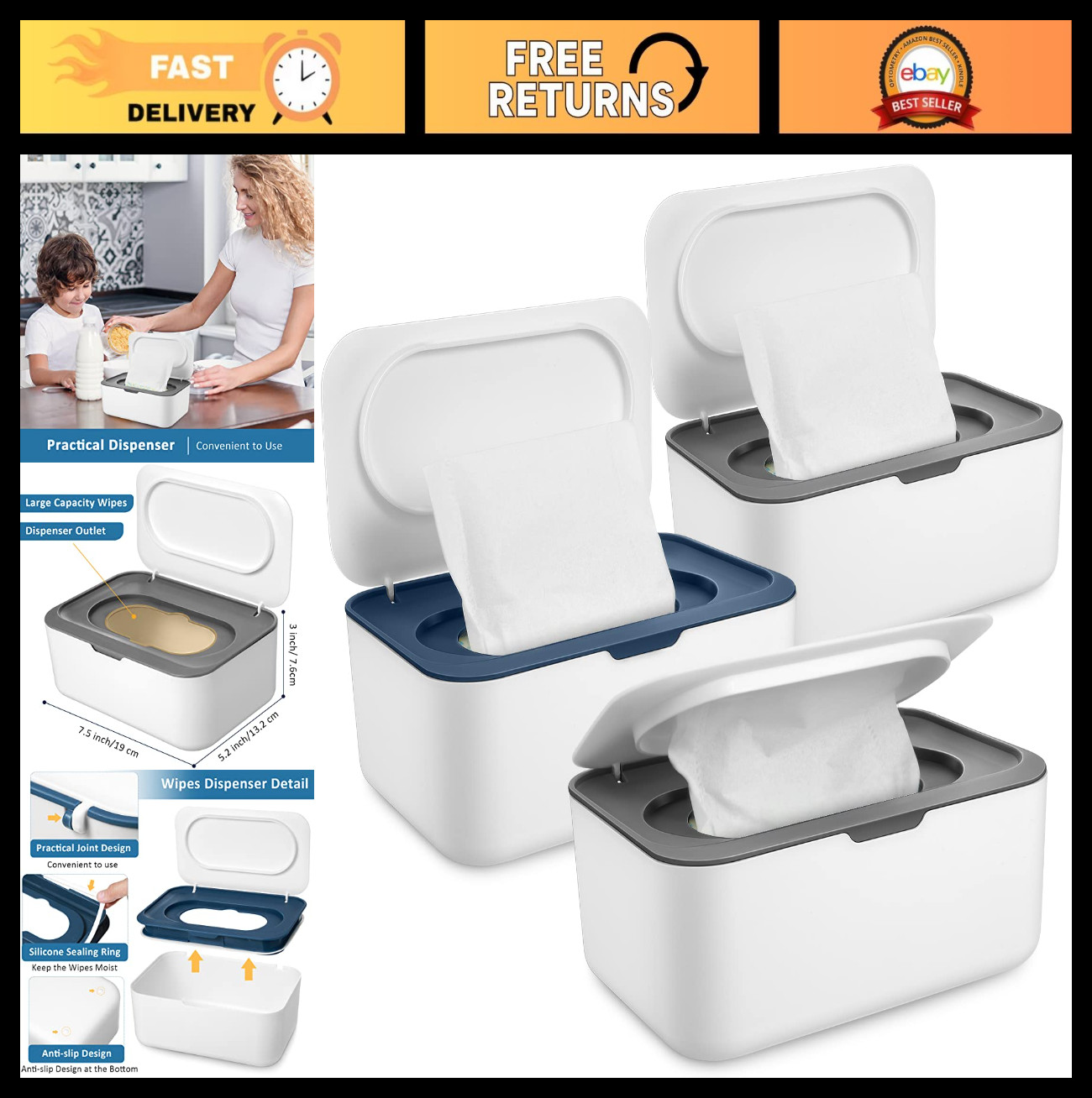 3 Pack Baby Wipes Dispenser Holder Case with Sealing Design,