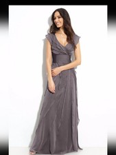 NWT Adrianna  Papell Occasions Long Tiered Petal Chiffon Dress Gray Smoke Sz 8