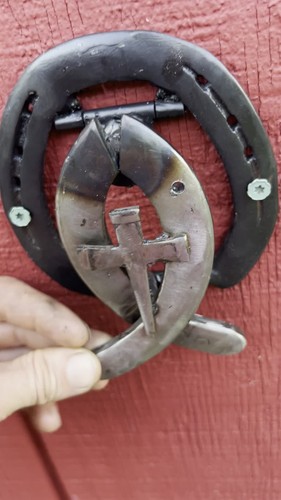 Handmade Horshoe Welding Art, Door Knocker, Jesus Fish With Cross In Natural - Video 1 of 1