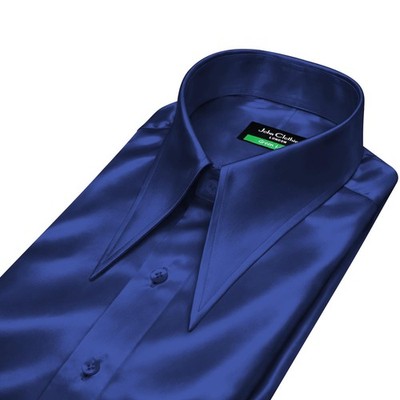 Men's Navy Blue Satin Shirt 70s Dagger Gangster Extra Long Pointed Spear Collar