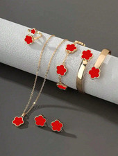 6pcs/Set Lucky Clover Design Necklace, Earrings, Bracelet And Ring All Colours