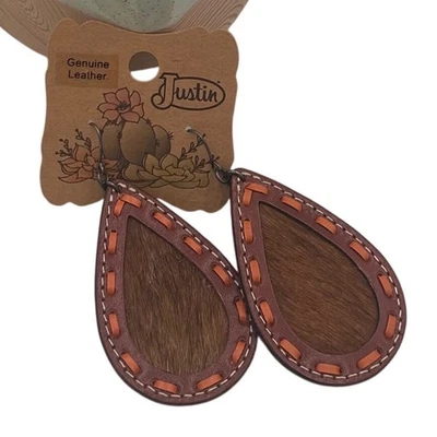Justin Womens Genuine Leather Hair on Hide Teardrop Earrings Brown Boho Cowgirl - Image 1 of 3