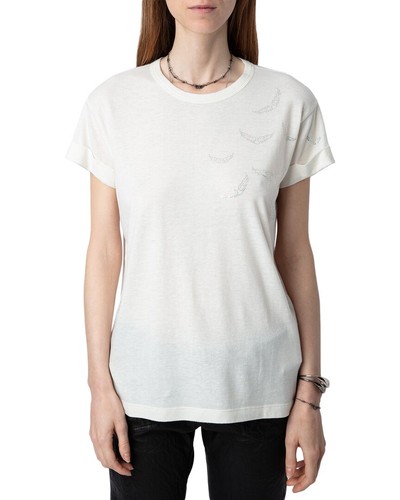 Zadig & Voltaire Anya Pcl Rain Strass Wings Leinenmischung T-Shirt Damen Weiß S