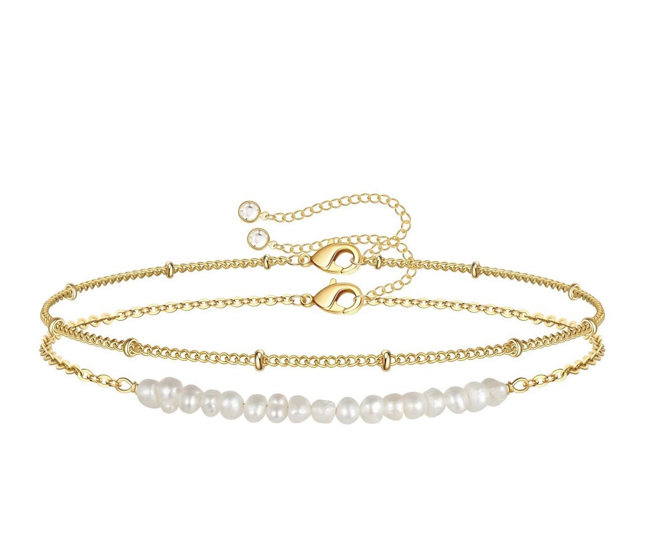 18K Gold Plated Layered Bracelet - Adjustable Pearl Bar, Stainless Steel