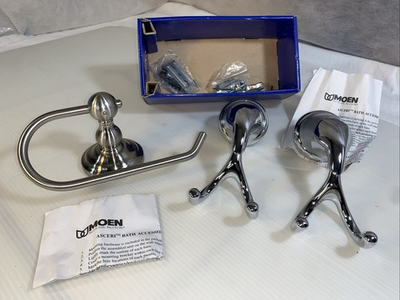 #ad Moen Asceri Bath Accessory 2 Towel Hook amp; Toliet Paper Holder Silver Parts Lot $16.99