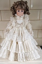 19" Porcelain Doll Cream Lace Dress (wedding Dress) Victorian Style VTG & Stand