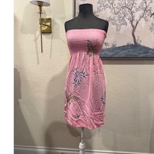 Tiki Palm Pink Smocked Tube Dress Butterfly Floral Embroidered Rayon L