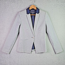 MNG Women Blazer 4 Navy White Pinstripe 100 Cotton Contrast Lapel Breathable