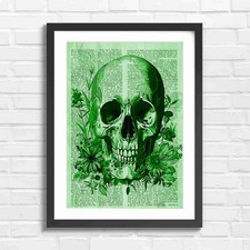 Dark Floral Skull Vintage Art Green Framed Wall Art Print Large Picture Home