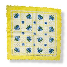 Vintage Sheer Floral Handkerchief Scalloped Edge Yellow Border Blue Flowers