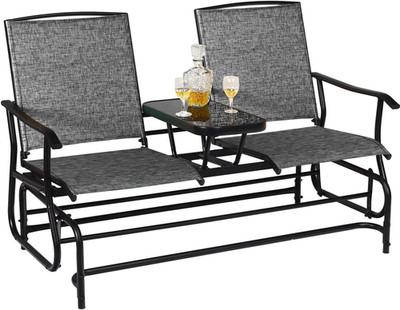 Patio Bench Glider Chair with Metal Frame, Center Tempered Glass Table, outside