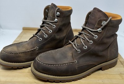 Timberland Redwood Falls Boots Mens 9 Brown Leather Waterproof Moc Toe A2EDR